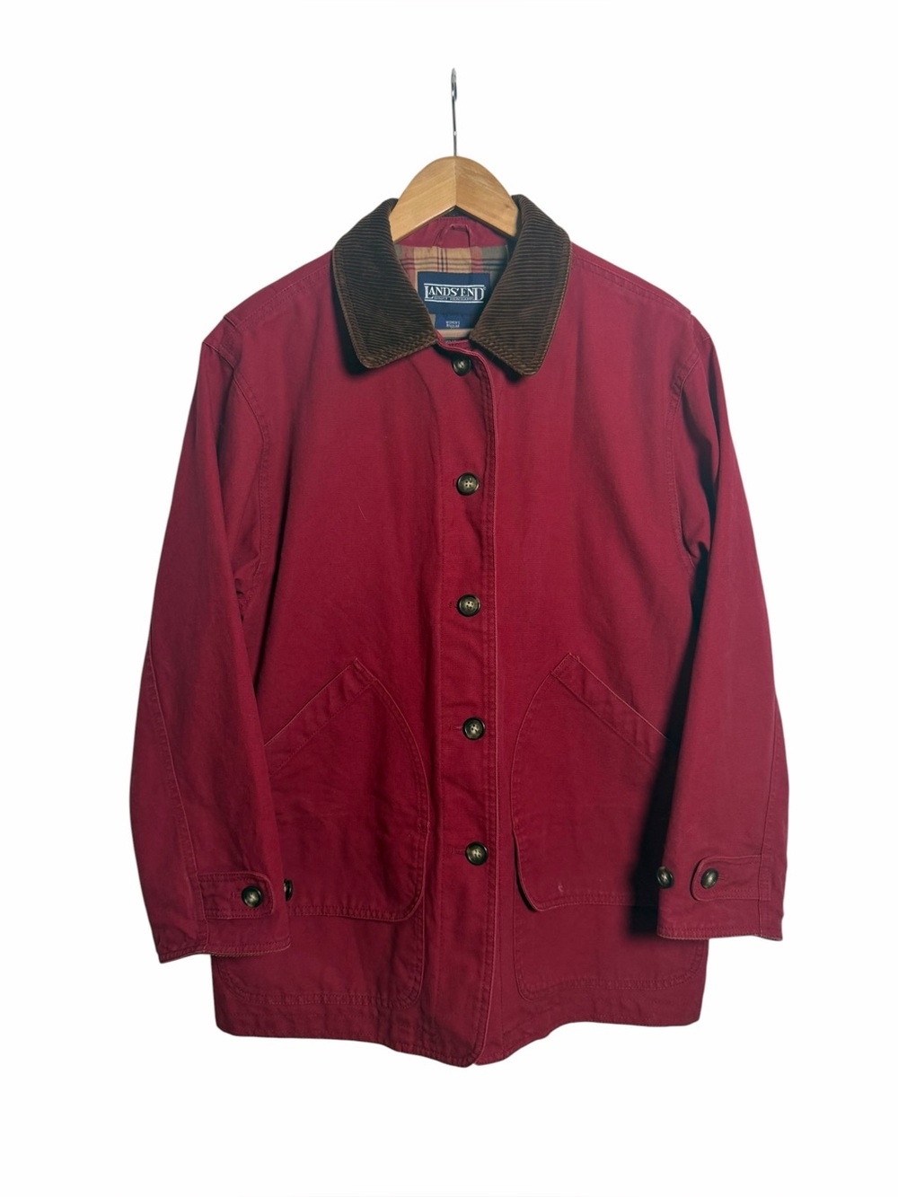 Vintage Lands’ End Barn Chore Jacket Red Plaid Lined Corduroy Collar Women’s M
